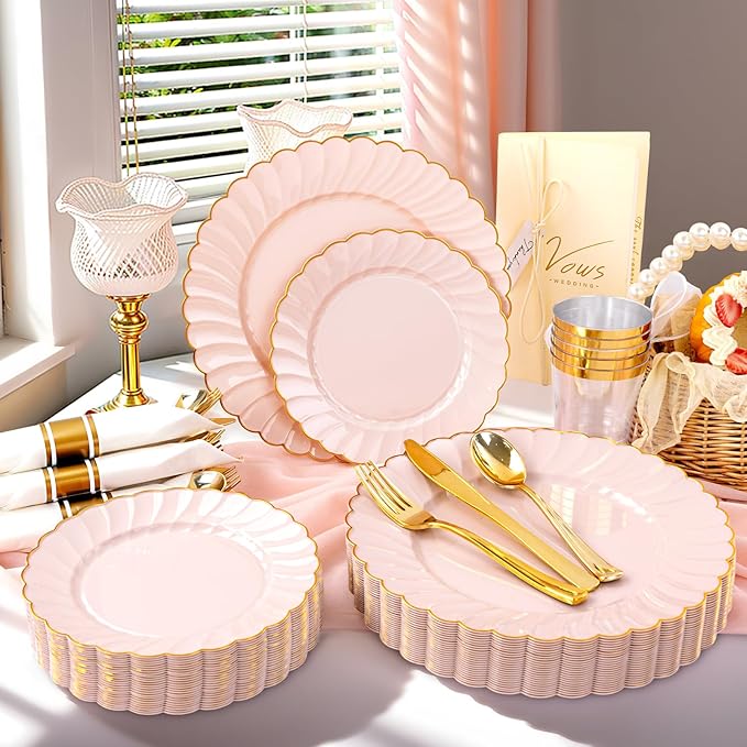YOUBET 350PCS Pink Scalloped Plastic Plates - Pink and Gold Disposable Dinnerware Set Include 100 Plates, 150 Gold Silverware, 50 Cups, 50 Napkins for Wedding & Party Mothers Day