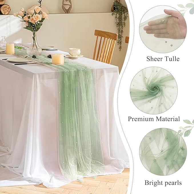 Set of 6 Pearl Table Runner 29 x 120 Inch Sage Green Tulle Fabric Lace Table Runners Boho Rustic Table Runners for Bridal Shower Birthday Party Wedding Arch Dessert Table Decor(Sage Green)