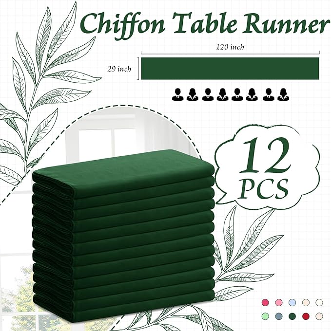 Horbaunal Dark Green Chiffon Table Runners 10FT Sheer Chiffon Runner 29x120 Inches Romantic Boho Rustic Table Runner for Wedding Party Bridal Baby Shower Table Decorations