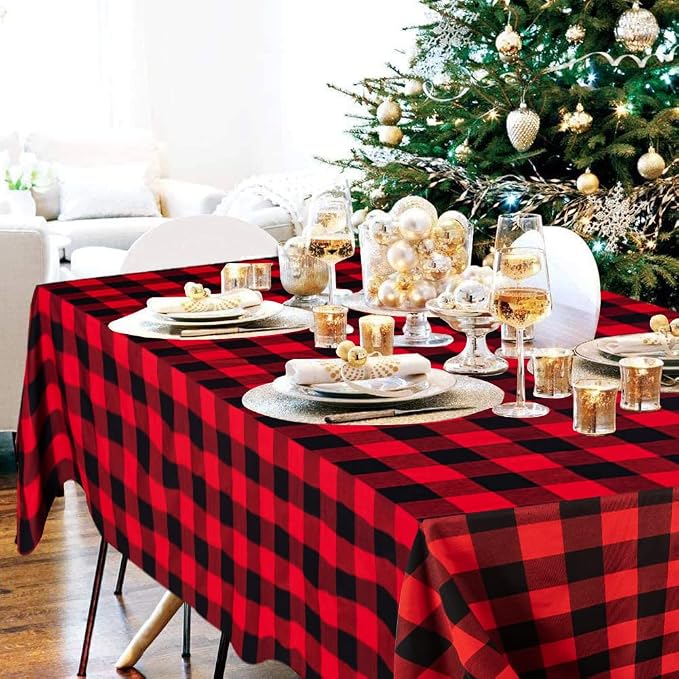 ShinyBeauty Checked Square Tablecloth 54x54-Inch Red and Black Buffalo Plaid Tablecloth Washable Cotton Table Cover Gingham Tablecloth for Dining Room Table Linen Christmas