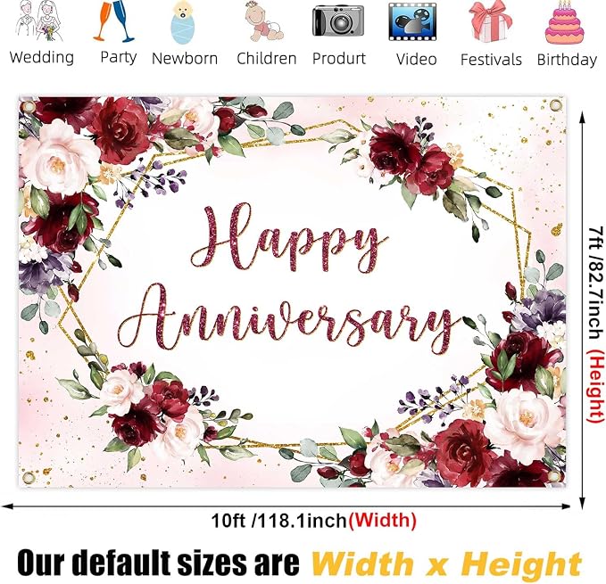 Sensfun Happy Anniversary Backdrop Banner Burgundy Pink Flower Wedding Anniversary Party Decorations Floral Couple Engagement Marriage Day Memorial Party Photography Background Photo Booth 10x7ft