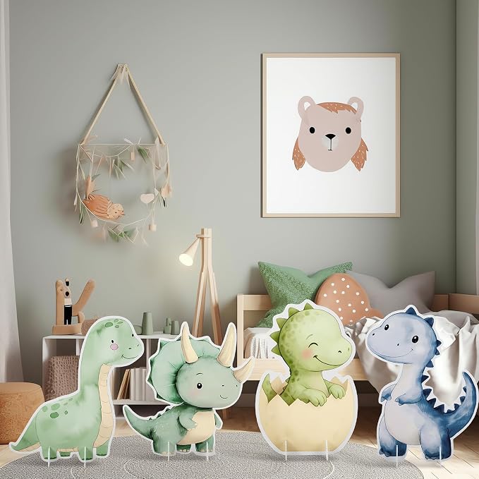 4 Pcs Large Dinosaur Cutout Cardboard Standup Decorations 21 x 15'' Cute Dinosaur Baby Shower Decorations Cartoon Backdrop Photo Props for Birthday Party Supplies Cake Table Decor, 4 Styles