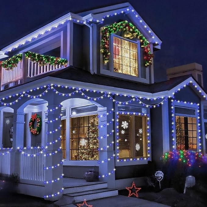 YEGUO Battery Operated String Lights, 2 Pack Each 33ft 100 LED Twinkle Fairy Lights Outdoor Waterproof, 8 Modes Clear Wire Blue and White Christmas Lights Indoor with Remote