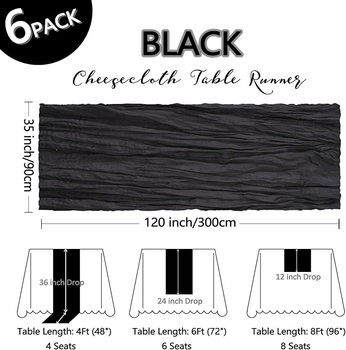 6 Pack Black Table Runner Cheesecloth 10Ft Gauze Cheese Cloth Table Runner 35x120 Inch Boho Sheer Rustic Fabric for Holiday Party Decor Baby Shower Wedding Home Decorations