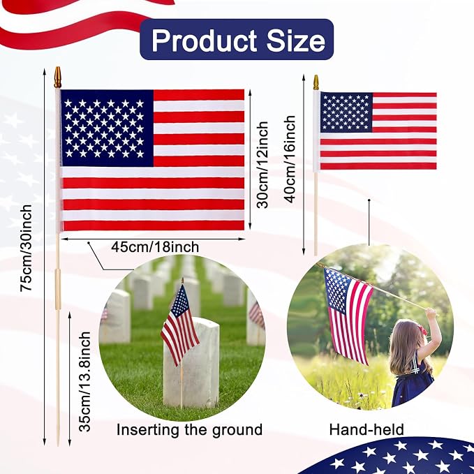 12x18 Inch 12Pcs American Flags with Spear Top on Stick, 250 Anniversary USA Flag, American Hand Held Flag for Memorial Day, Fourth of July, Outdoor Decorations