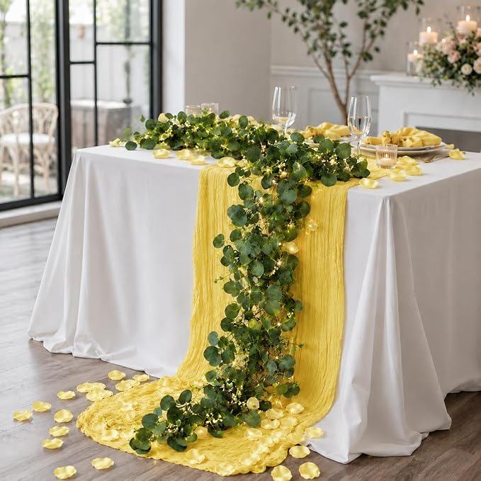 Cinrobiye 11PCS Boho Cheesecloth Table Runner Set 120'' Gauze Table Runner with Wrinkled Napkins Eucalyptus Garland and String Lights for Wedding Baby Shower Tea Party Table Decorations (Lemon yellow)