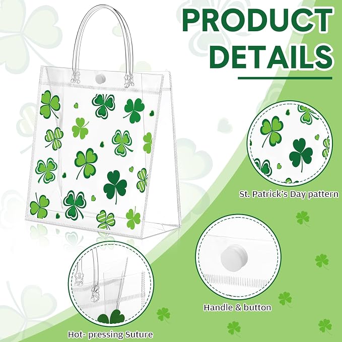 Hosuly 24 Pcs St. Patrick's Day Clear PVC Gift Bags with Handle Button Reusable Lucky Shamrock Candy Treat Goodie Bags for St. Patrick's Day Irish Theme Party Favors Supplies