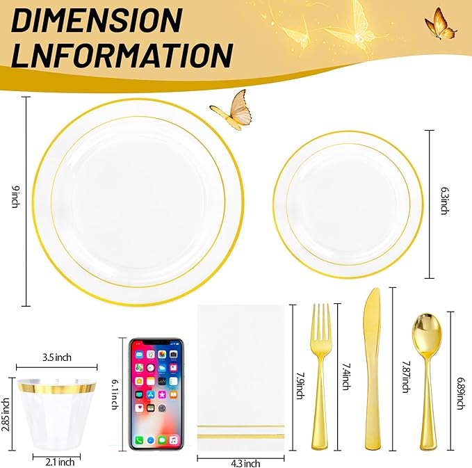 GATHER 350PCS Clear Gold Plastic Plates - Disposable Gold Dinnerware Sets Includes 100 Gold Rim Plastic Plates, 150 Silverware, 50 Napkins, 50 Cups for Party, Wedding