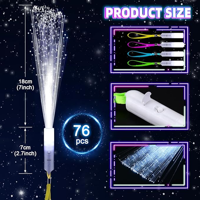 SHQDD 76 PCS White Fiber Optic Sticks, LED Fiber Wands, Fiber Optic Wand with 3 Light Modes, Glow in the Dark Party Supplies, Wedding Party Supplies, for Wedding, New Year, Birthday, Carnival