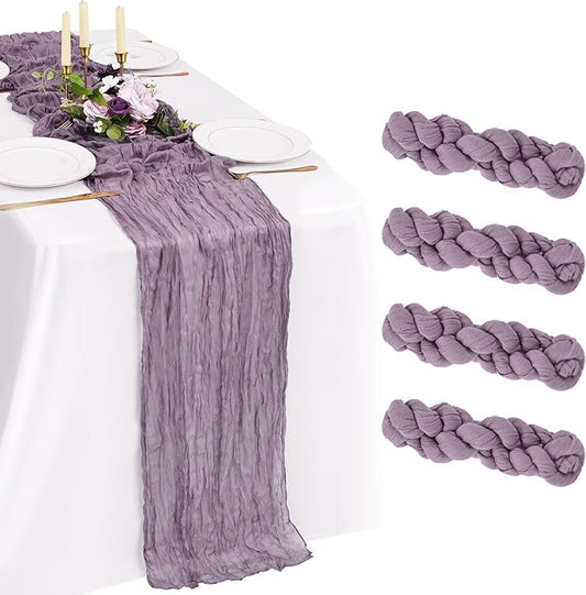 4 Pack Cheesecloth Table Runner 10FT Purple Table Runner Boho Gauze Cheese Cloth Table Runners Long Rustic Sheer Table Decorations for Wedding Party Baby Bridal Shower Birthday Holiday Home