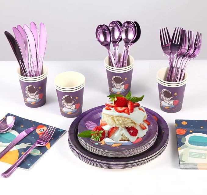 175 Pieces Space Party Supplies Decoration, Outer Space Theme Birthday Plate Set, Galaxy Disposable Tableware Set, Kids Spaceship Rocket Birthday Decorations (25 Guests)