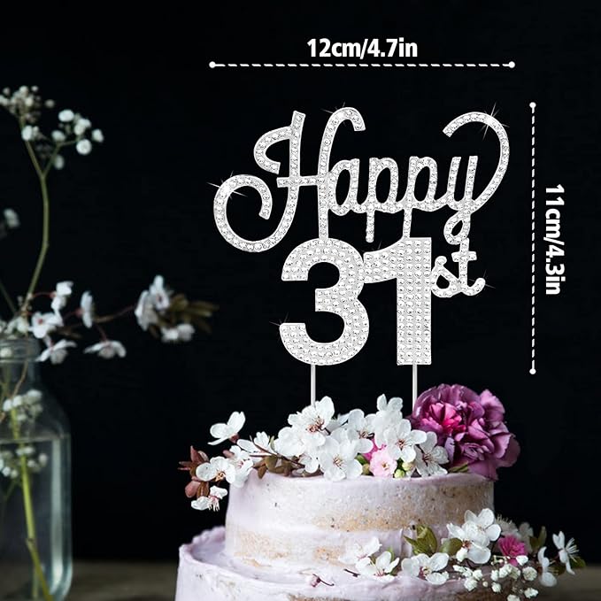 LINGTEER Happy 31st Birthday Silver Rhinestone Cake Topper - Cheers to 31st Birthday 31 Years Old Anniversary Party Cake Centerpieces Topper Decorations Gift Sign.