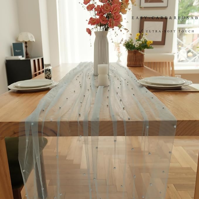 Set of 1 Pearl Table Runner 10ft, 29 * 120 Inch Light Blue Table Cloth Pearl Sheer Tulle Table Cover,Pearl Table Runner for Wedding Party Baby Shower Birthday Home Decor
