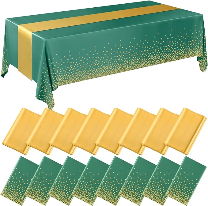 Tudomro 16 Pcs Green and Gold Disposable Plastic Tablecloths and Satin Table Runner Set 54x108 Inch Tablecloth 12x108 Inch Table Runners for New Year Wedding Birthday Baby Shower Graduation