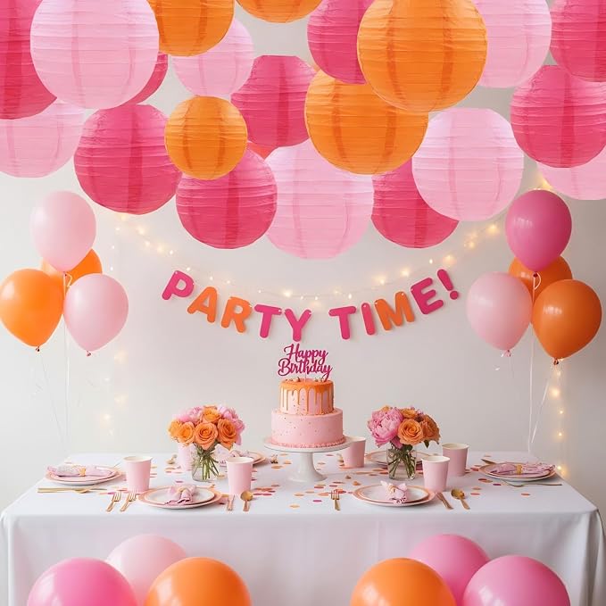 CC wonderland zone 12pcs Hot Pink and Orange Paper Lanterns - Round Ceiling Hanging Paper Lampshades,for Birthday, Baby Shower, Wedding, Party Decorations (4", 6", 8", 10")