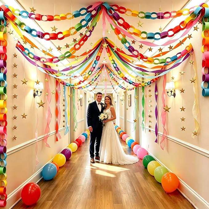 Rainbow Paper Chain Garland Party Decorations Include 400 Sheet Paper Chain Strips,492ft Crepe Paper Streamers,52ft Star Strips Hanging,24 Balloons for Kid's Birthday Wedding Party Supplies