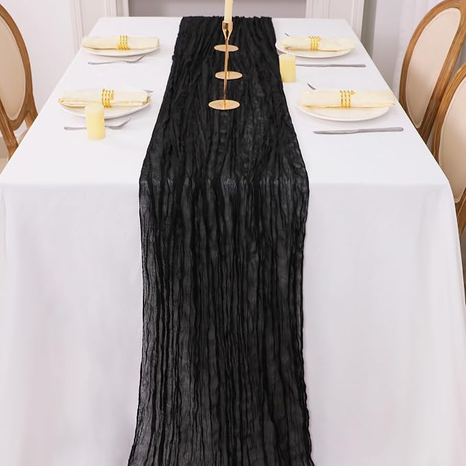 Snowkingdom 10 Ft Black Cheesecloth Table Runner, 120 inch Long Cheese Cloth Boho Gauze Runner for Wedding Bridal Baby Shower Birthday Holiday Party Sheer Halloween Table Decorations