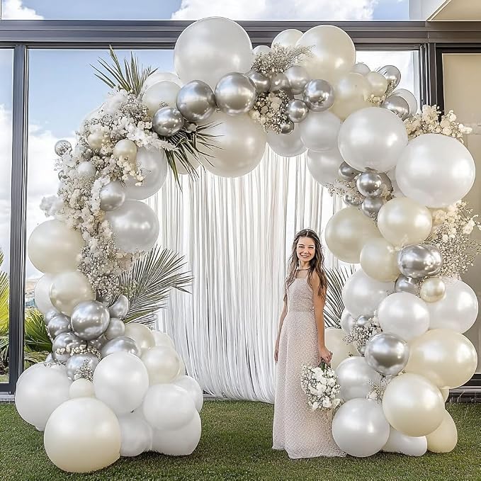 White and Silver Balloon Garland - Double Stuffed Pearl Sand White Silver Balloons Arch Kit 5 12 18 inch for Birthday Graduation Bar Mitzvah Bachelorette Wedding Baby Shower Party Decoration