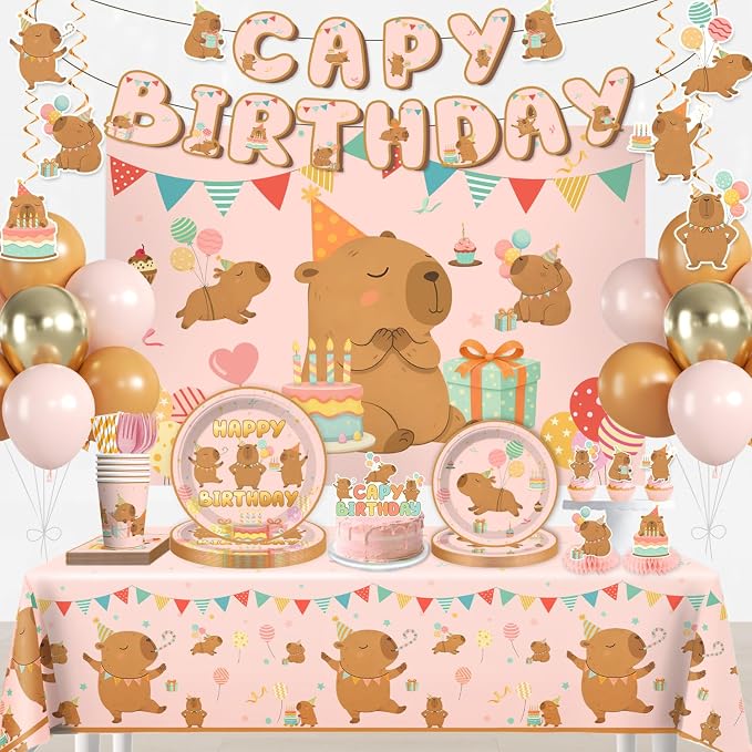 Xynic 208Pcs Capybara Birthday Decorations Tableware Set - Serves 25 Guests - All-in-One Kit with Balloons, Banner, Cake Toppers, 350gsm Plates, Tablecloths, Backdrop, and Honeycombs