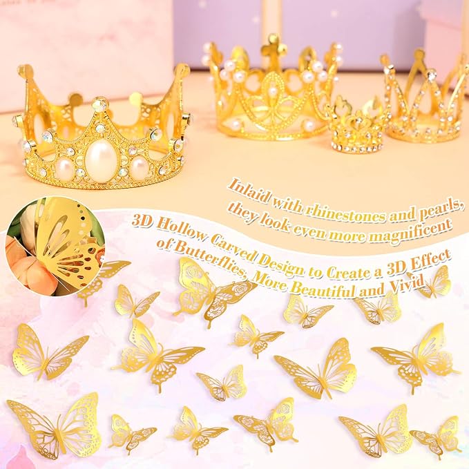 cridoz 164Pcs Flower Bouquet Accessories, 16Pcs Crowns for Flower Bouquets with 48Pcs Gold Butterfly Decorations and 100Pcs Diamond Pins for Flower Arrangements, Cake Topper Decor