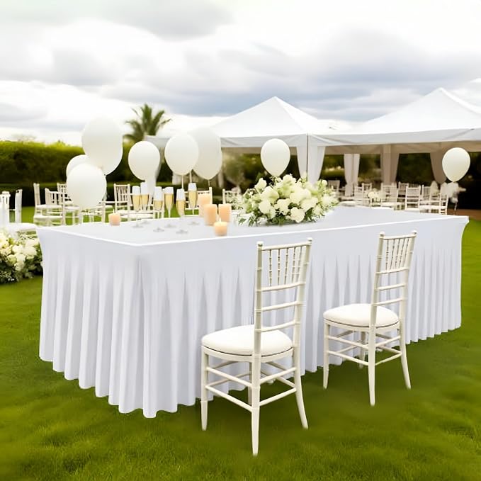 5 Pack White Spandex Table Clothes for 6 Foot Rectangle Tables, Fitted Stretch Spandex Table Cover 6ft White Tablecloths with Table Skirt for Weddings Birthday Parties Banquet Baby Shower