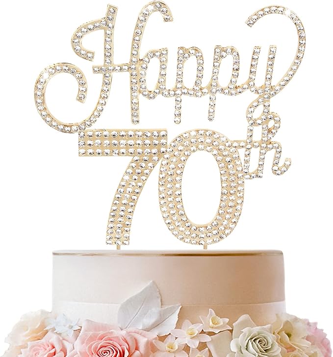 LINGTEER Happy 70th Birthday Gold Rhinestone Cake Topper - Cheers to 70th Birthday Seventy Years Old Anniversary Party Cake Centerpieces Topper Decorations Gift Sign.