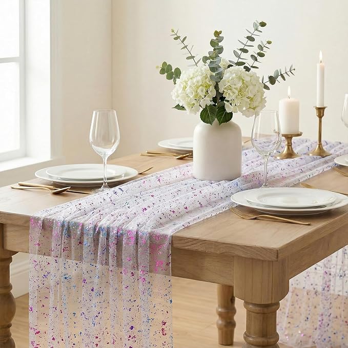 Artoid Mode Colorful Gold Gauze Table Runner 59x120 Inch 10FT, Glitter Metallic Foil Sheer Dining Wedding Anniversary Holiday Birthday Table Decor for Home Party
