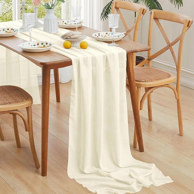 Horbaunal Ivory Chiffon Table Runners 10FT Sheer Chiffon Runner 29x120 Inches Romantic Boho Rustic Table Runner for Wedding Party Bridal Baby Shower Table Decorations