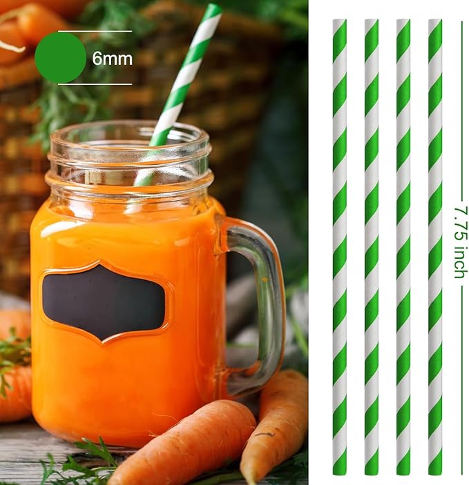 ALINK 100 Green and White Striped Paper Straws, Biodegradable Disposable Drinking Straws for Smoothie, Brithday, New Year, Party Decoration Supplies