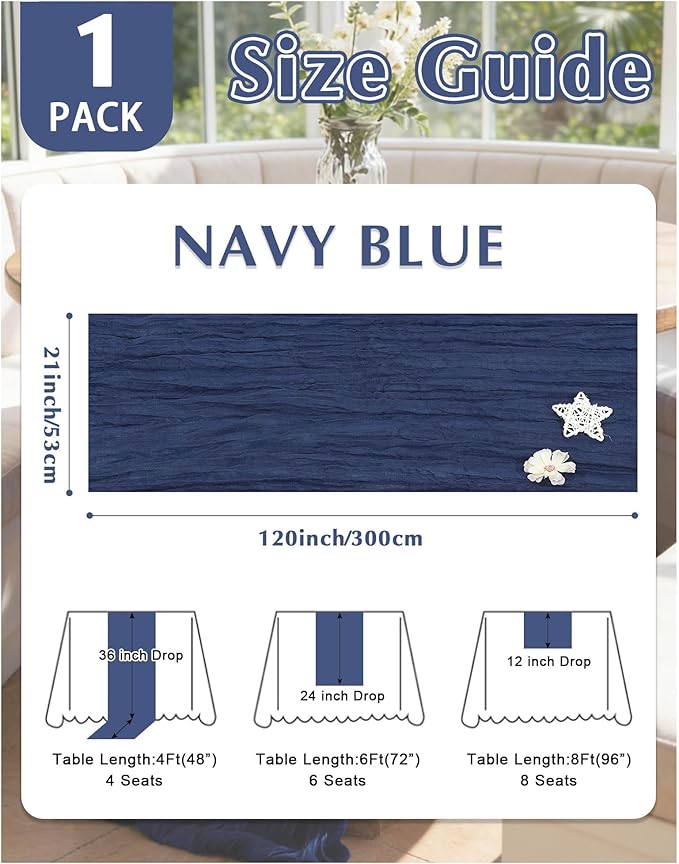 Navy Blue Cheesecloth Table Runner 21x120 Inch Gauze Table Runners Reusable Polyester 10ft Boho Rustic Cheese Cloth Table Runner for Wedding Party Baby Shower Birthday