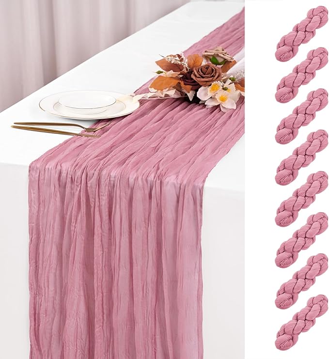 8 Pack Dusty Rose Cheesecloth Table Runner 120 Inch 10FT Fall Boho Rustic Sheer Gauze Cheese Cloth Table Runner for Wedding Baby Shower Birthday Party Table Decor