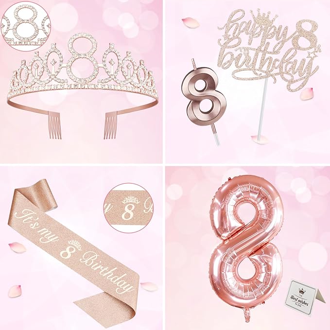 8th Birthday Decorations for Girls, Including 8th Birthday Sash and Tiara, Cake Topper and Candle, Number Balloon, 8 Year Old Girl Gifts
