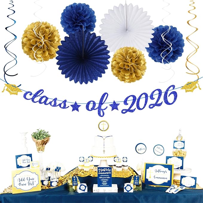 2026 Blue Class-Congratulations Prom Graduation Party-Decorations - 22pcs High School College Grad Supplies Decor, Royal Navy White Gold Tissue Pom Poms Streamers, Paper Flowers Lanterns Hugmoon