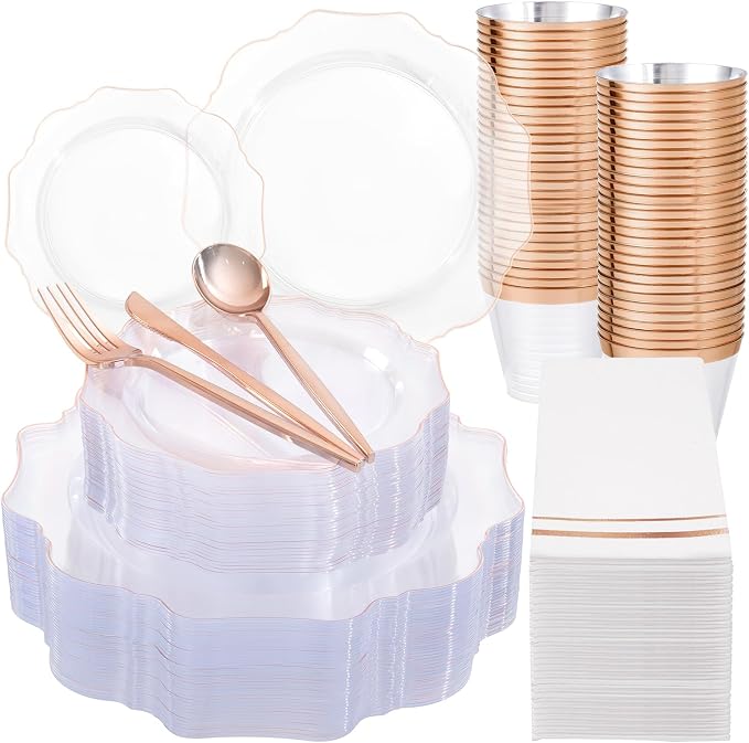 WDF 350Pcs Rose Gold Plastic Plates - Clear Rose Gold Disposable Plates 50Guest Plastic Dinnerware for Birthday/Wedding/Spring Party