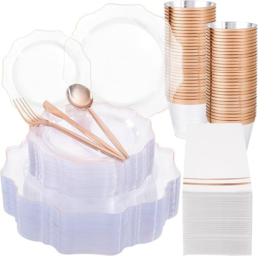 WDF 350Pcs Rose Gold Plastic Plates - Clear Rose Gold Disposable Plates 50Guest Plastic Dinnerware for Birthday/Wedding/Spring Party/Mother's Day