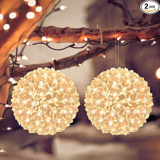 Lewondr Christmas Window Lights 2 Pack, Outdoor Christmas Lights Cherry Blossom Sphere Light Ball, Battery Powered Indoor Hanging Light for Xmas Decoration with Timer Function, Warm White