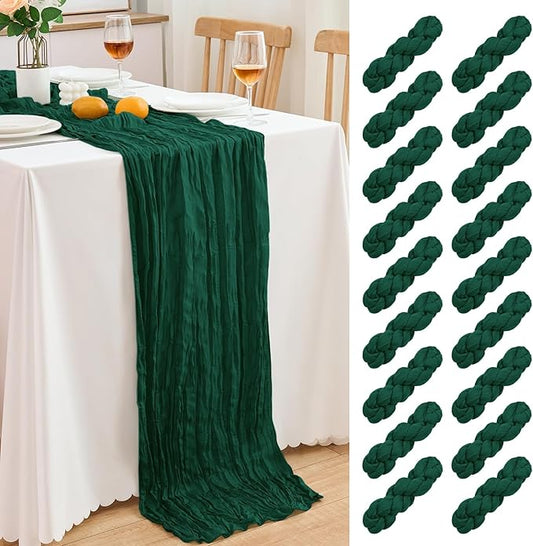 18 Pack Dark Green Cheesecloth Table Runner 21.5x120 Inch,Semi Sheer Boho Gauze Cheese Cloth Fabric Table Runners 10 FT Long for Wedding Party Baby Shower Birthday Home Decor