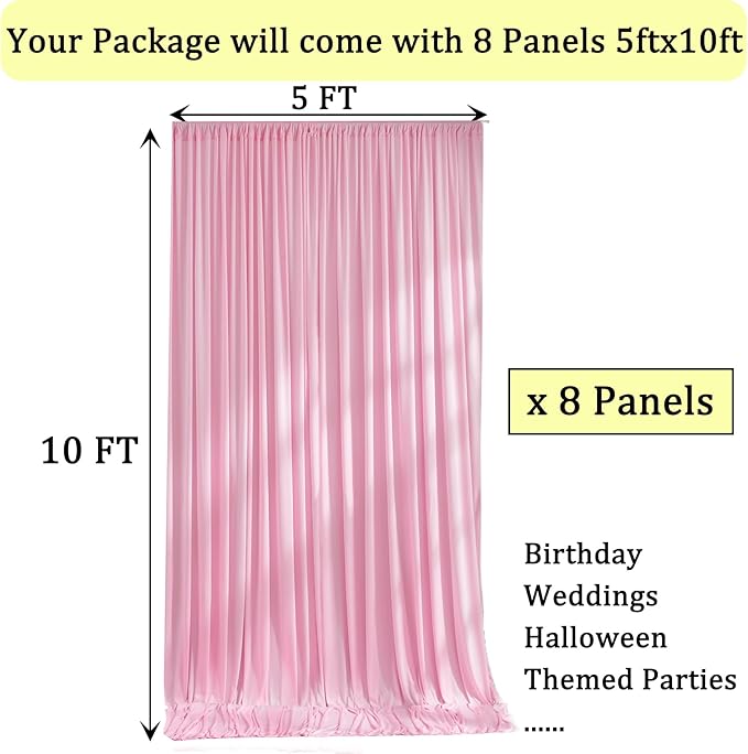 40ft x 10ft Wrinkle Free Baby Pink Backdrop Curtains for Parties, 8 Panels 5x10ft Silky Polyester Photo Backdrop Drapes for Birthday Wedding Party Photography Background Decoration