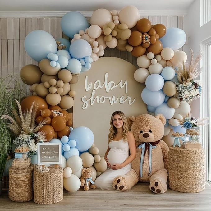 Brown And Blue Balloon Garland Double Stuffed Nude Tan Light Blue Beige Latex Balloon Arch Kit for Neutral Baby Shower Teddy Bear Gender Reveal Wedding Birthday Party Decorations
