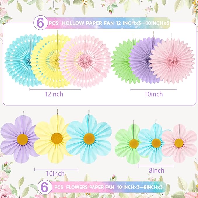 Pastel Paper Fans Party Decorations, 12PCS Macaron Flower Wall Backdrop for Gender Reveal, Boho Rainbow Birthday, Wedding, Bridal Shower & Nursery Decor, Easter