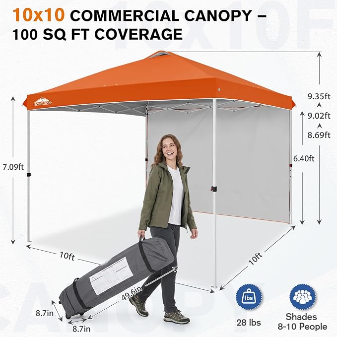 EAGLE PEAK Commercial Canopy 10x10 Pop Up Canopy Tent with 1 Sidewall, Easy Setup Heavy Duty Instant Event Shelter for Vendors & Markets, Outdoor Sun Shade, Orange
