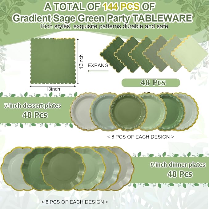 144 Pcs 48 Guests Sage Green Paper Plates and Napkins Green Birthday Party Decorations Disposable Tableware 9 Inch 7 Inch Gradient Scalloped Edge Plates for Baby Shower Wedding Bridal