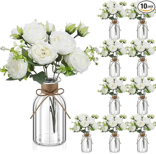 10 Sets Vintage Glass Vases Centerpiece Table Decorations with Rose Flower Farmhouse Centerpiece for Friendsgiving Party Decorations Table Wedding Reception Bridal Shower Decor