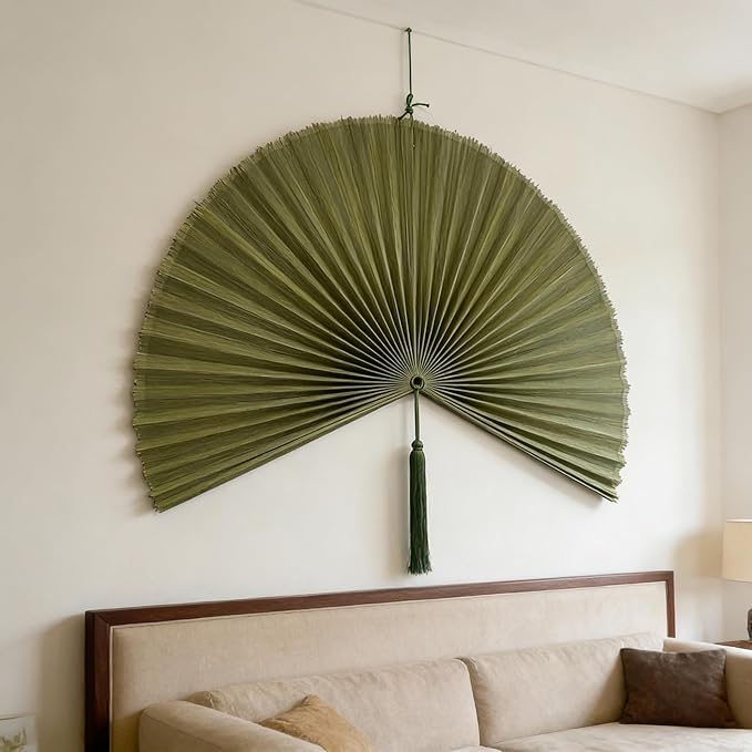 ChumDecor Fan Wall Decor, Japanese Giant Fan, Large Bamboo Fan Wall Art For Boho Hanging Headboard, Decorative Folding Fans For Over Bed, Asia Trending (Army Green 60inch)