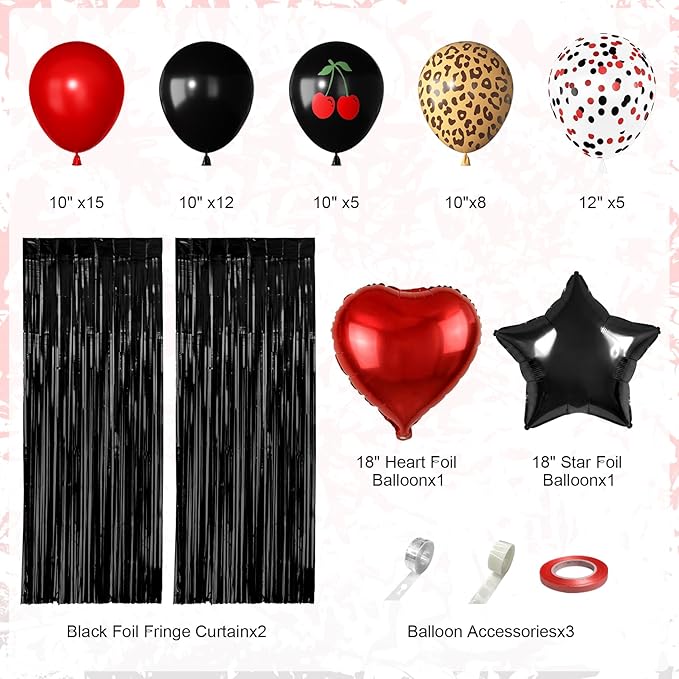 Red and Black Cheetah Birthday Party Decorations, Black Red Cherry Leopard Print Balloons Happy Birthday Banner Fringe Curtain Hanging Swirls Circle Dots Tassels Pompoms for Women Girls Party Supplies