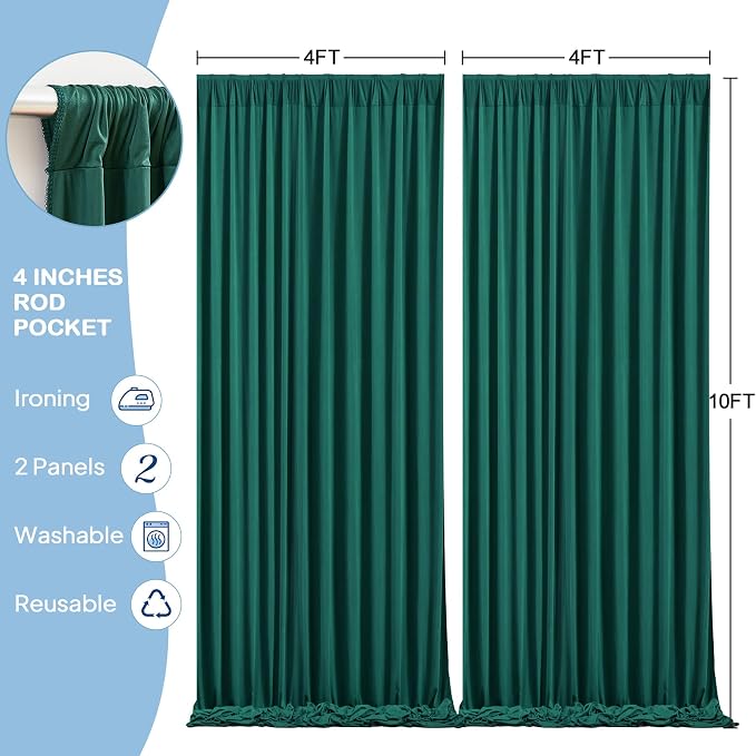 2 Panles Hunter Green Backdrop Curtains - Wrinkle Free Fabric Backdrop for Photoshoot, 10FT Wedding Party Photo Backdrop Drapes for Birthday Baby Shower Photography Stage Background Decorations