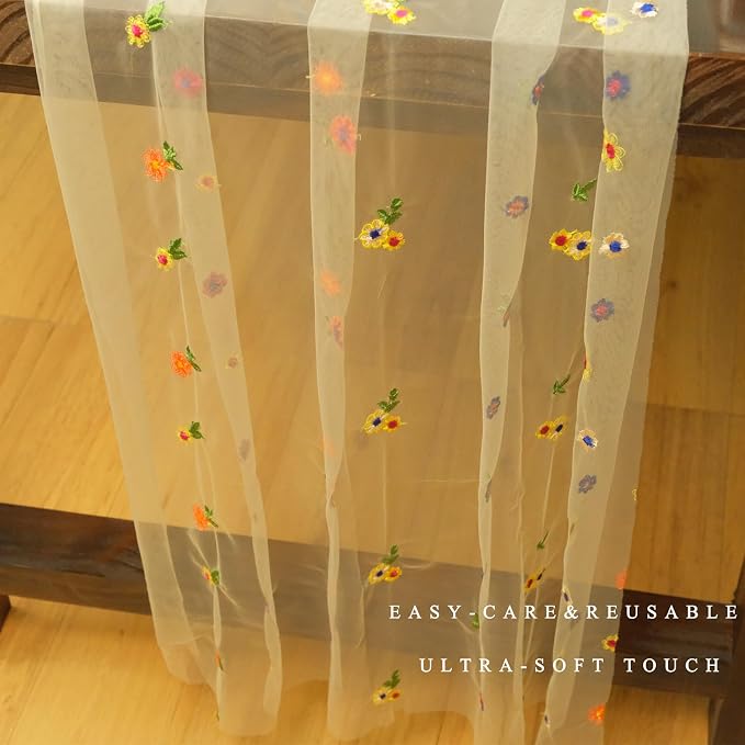 Set of 1 Flower Table Runner 10ft, 29 * 120 Inch Champagne Table Cloth Sheer Tulle Table Cover,Embroidery Daisy Table Runner for Wedding Party Baby Shower Birthday Home Decor