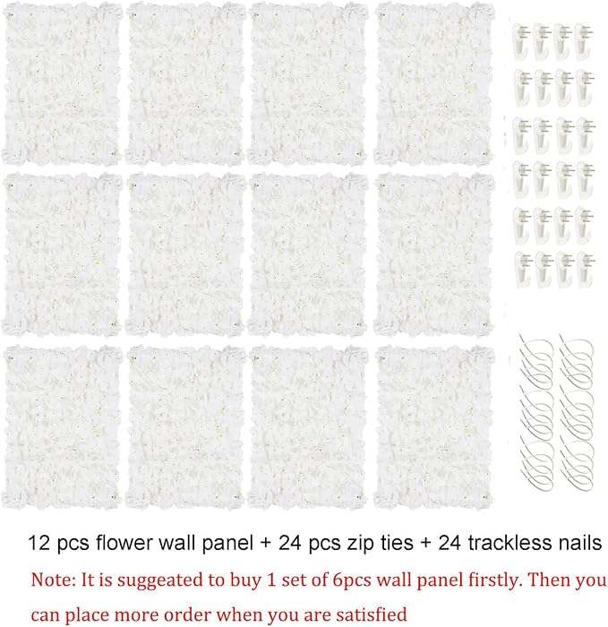 BLOSMON Hydrangea Flower Wall Panel - 6 Pcs White 24 x 16 Inch Backdrop | Floral Wall for Wedding Party Baby Bridal Shower Decor - Hanging Fake Silk Flower Backdrop Decoration