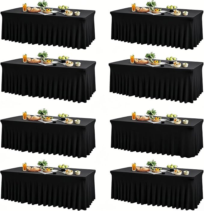 Wish Care 8 Pack Black Spandex Table Clothes for 8 Foot Rectangle Tables, 8FT Wrinkle Free Fitted Tablecloths Ruffles Design Table Cloth for Party, Banquet, Wedding and Events