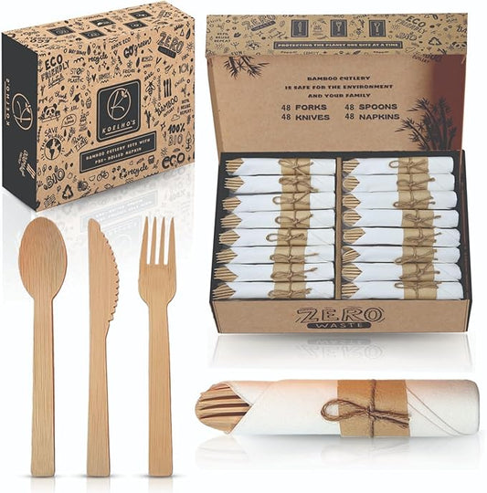 KOELHO'S Pre-Rolled Napkin and Cutlery Set 48-Pack 192 PCS | Bamboo Disposable Utensils 100% Biodegradable and Eco-Friendly | Wood Cutlery Set for Parties, Weddings, and Events